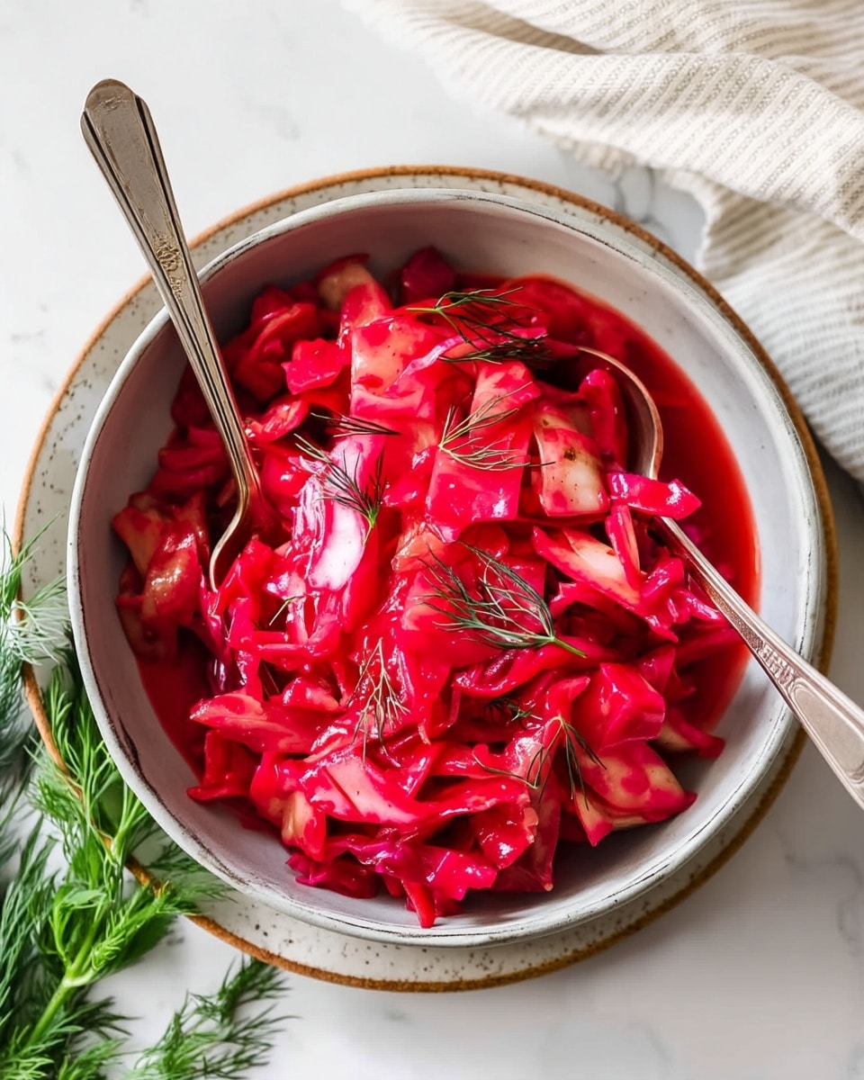 A close-up of a white bowl filled with a bright red and pink cabbage salad. The salad has chopped cabbage pieces with a slightly glossy texture, showing some white and pale green inner leaves mixed with the red outer leaves. Small sprigs of fresh green dill lay on top and around the bowl, adding a touch of contrasting color. The bowl sits on a speckled white plate, all placed on a white marbled surface. The colors are vivid and fresh, with a soft focus on the background. photo taken with an iphone --ar 4:5 --v 7