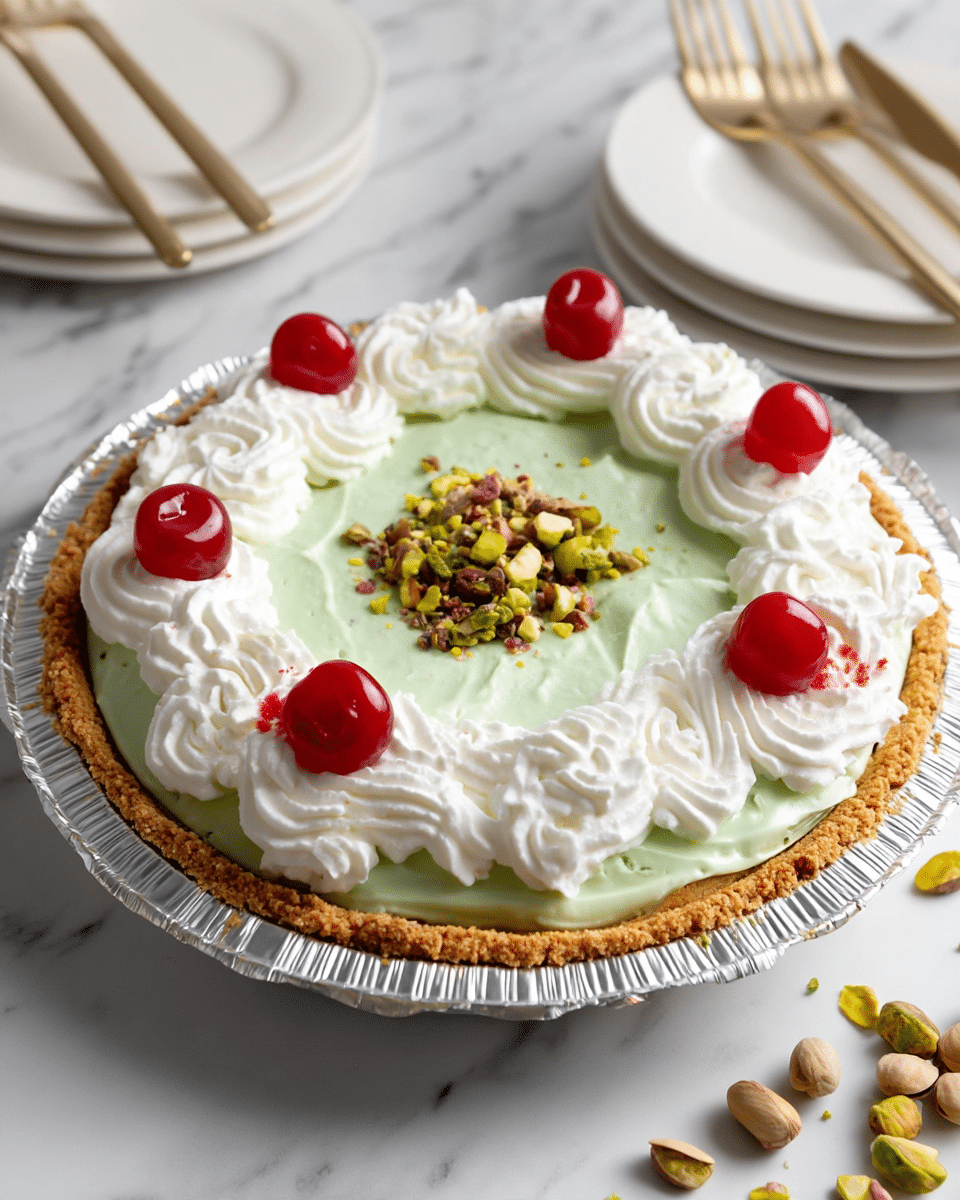 A pie in a silver foil pan with three clear layers: the bottom is a light brown crumbly crust, the middle layer is smooth pale green filling, topped with white whipped cream swirls placed evenly around the edge. Bright red cherries sit on top of the whipped cream swirls, and a small pile of chopped green and brown pistachios is in the center. The pie rests on a white marbled surface, with some pistachios scattered nearby and white plates and gold forks slightly visible. Photo taken with an iphone --ar 4:5 --v 7