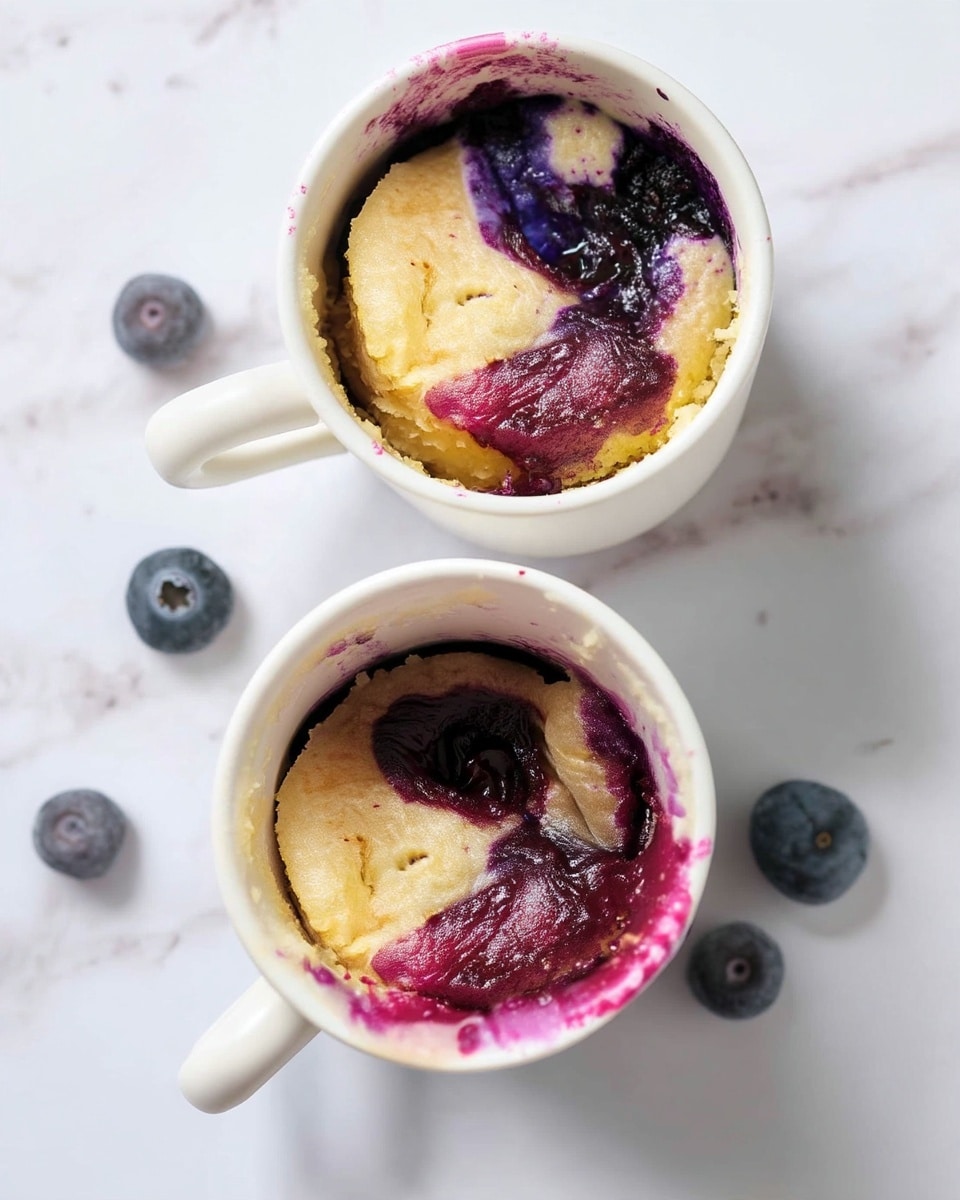 The image shows two white mugs with a baked dessert inside, placed on a white marbled surface. Each dessert has two layers: a pale yellow, soft cake layer at the bottom and a purple-blue blueberry jam layer swirled on top, creating a marbled effect. The edges of the mugs have purple-blue blueberry stains, adding a homemade feel. There are three fresh blueberries on the surface near the mugs, adding a fresh touch to the scene. photo taken with an iphone --ar 4:5 --v 7