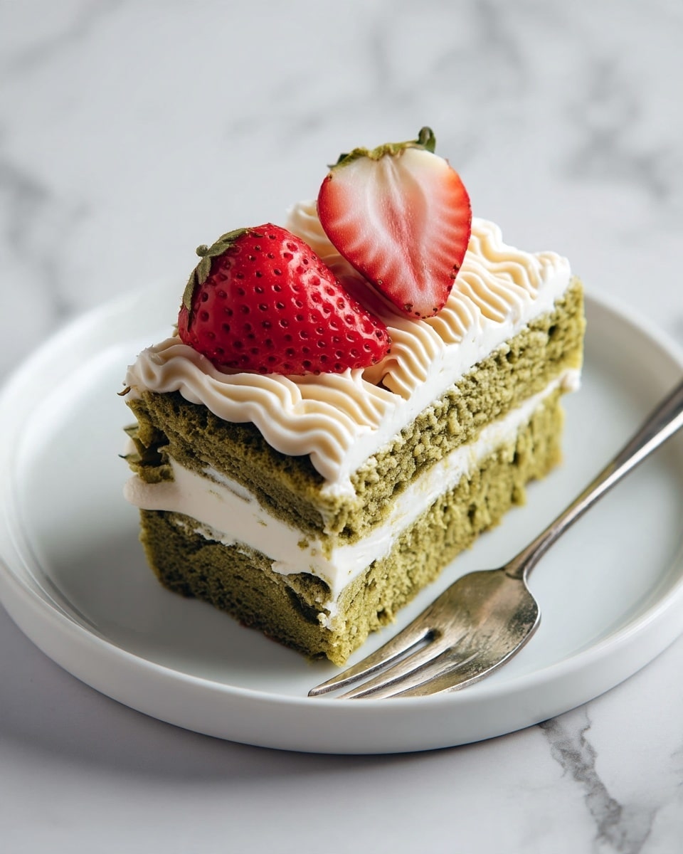 A square slice of green sponge cake with two layers of pale cream filling, topped with rows of piped cream and two halves of ripe red strawberry placed diagonally on top; the piece sits on a white plate with a silver fork beside it, all set on a white marbled surface. photo taken with an iphone --ar 4:5 --v 7