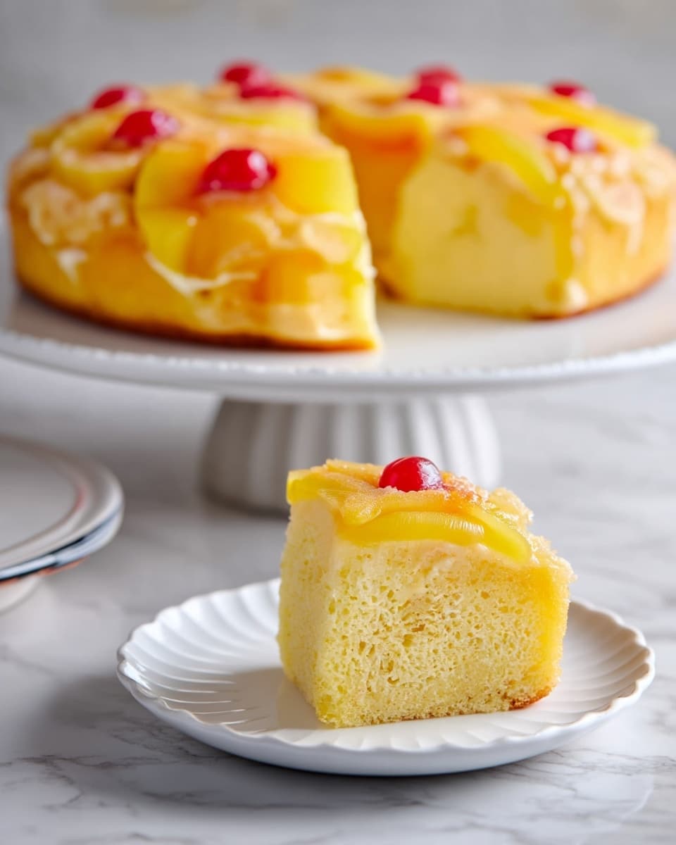 A close-up view shows a single slice of light yellow cake with a soft, fluffy texture on a white scalloped plate, with the top layer covered in a glossy yellow pineapple glaze topped with a bright red cherry in the center; behind it, a whole cake with the same glaze and cherries around the edge sits on a white cake stand, and another slice rests on a white plate with a dark rim, all placed on a white marbled surface. photo taken with an iphone --ar 4:5 --v 7