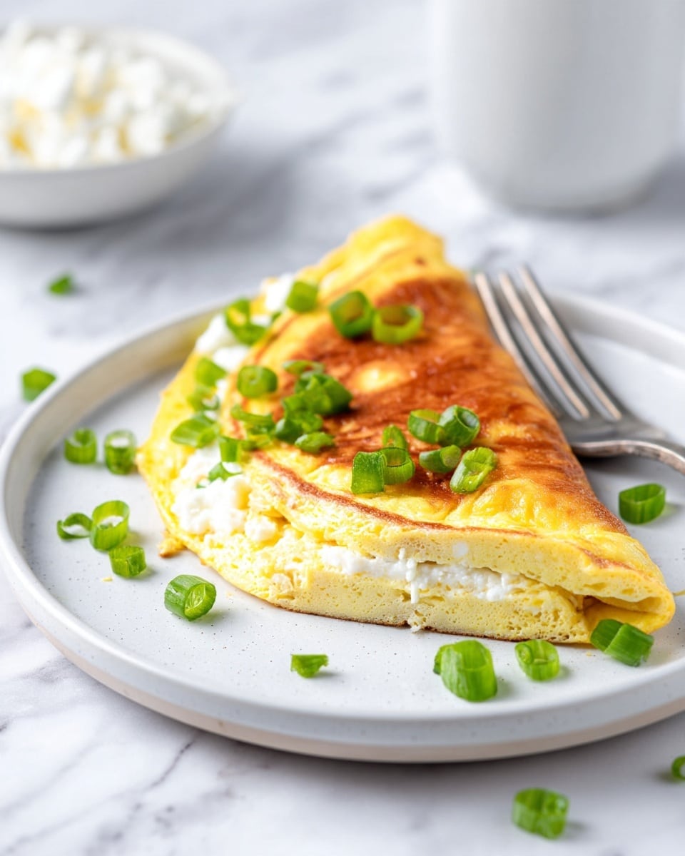 A folded omelet with a golden brown top layer, showing a soft, light yellow inside with a white creamy cheese layer folded inside it. Bright green chopped scallions are sprinkled on top of the omelet, adding color contrast. The omelet sits on a white plate with subtle texture, placed on a white marbled surface. In the background, there is a white bowl blurred, filled with white cheese. A metal fork holds a piece of the omelet close to the camera. Photo taken with an iphone --ar 4:5 --v 7