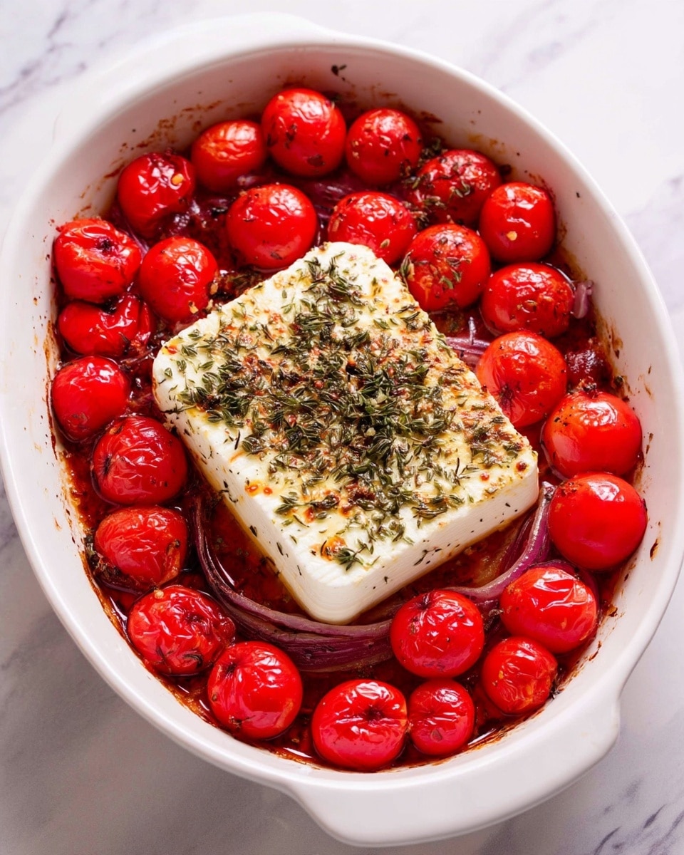 The dish shows a white baking dish filled with roasted whole cherry tomatoes forming a vibrant red ring around the edges. Inside the ring is a thick, creamy white block of baked cheese topped with dried herbs like oregano and thyme, showing a slightly browned, grilled surface. Underneath and around the tomatoes, there are thin slices of red onion cooked to soft, translucent layers with a few caramelized edges. The baking dish sits on a white marbled textured surface. photo taken with an iphone --ar 4:5 --v 7