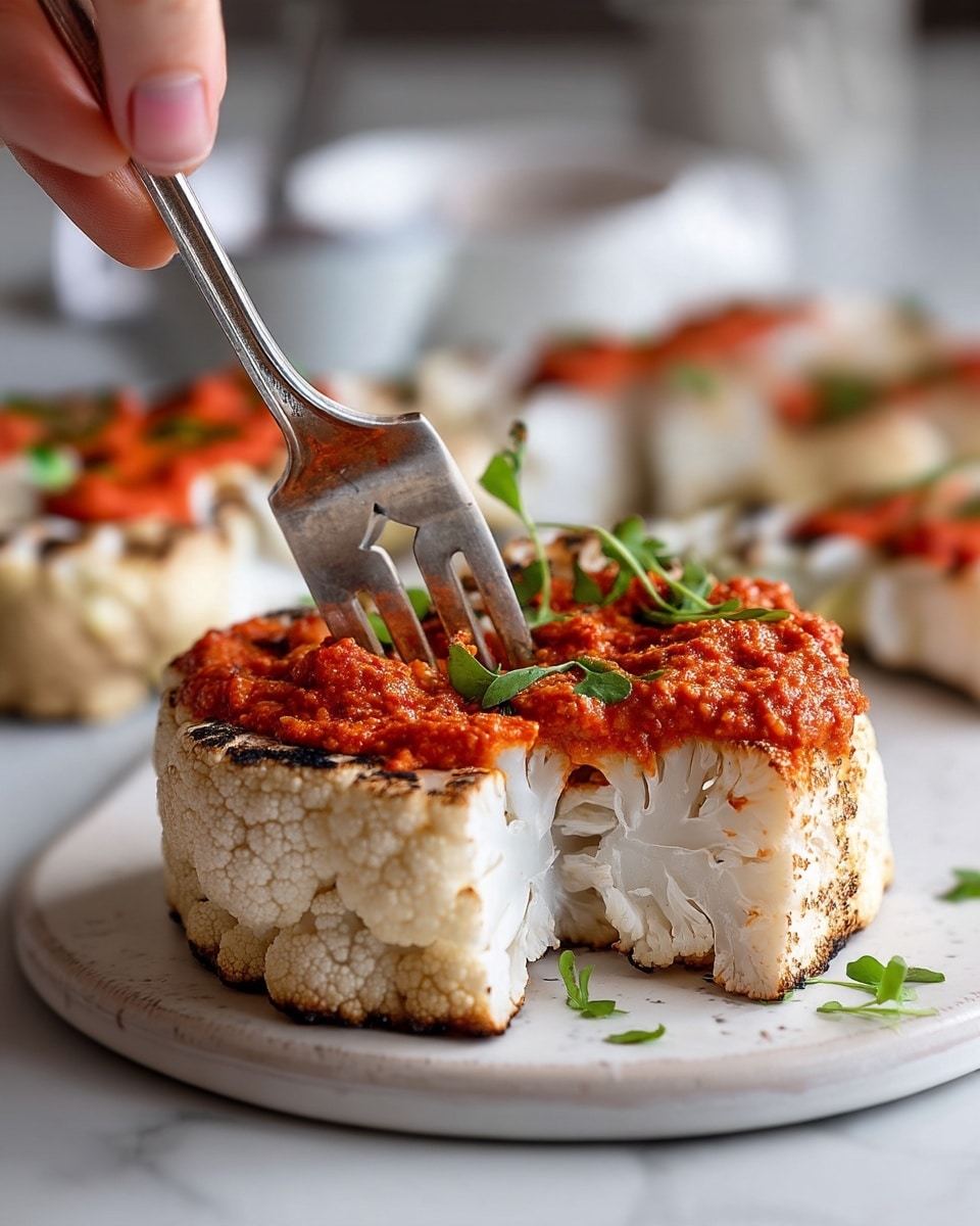 A thick, round slice of grilled cauliflower with a slightly charred, off-white outer layer and a soft, porous inner texture is topped with a bright red, coarse textured sauce that covers most of the surface. Small green herb leaves are scattered on top of the red sauce, adding a fresh contrast. The slice sits on a smooth, white plate that rests on a white marbled surface. A person's woman's hand holds a silver fork pressed into the cauliflower while a knife cuts into it. In the blurry background, there are other similarly prepared cauliflower slices and a white bowl. Photo taken with an iphone --ar 4:5 --v 7