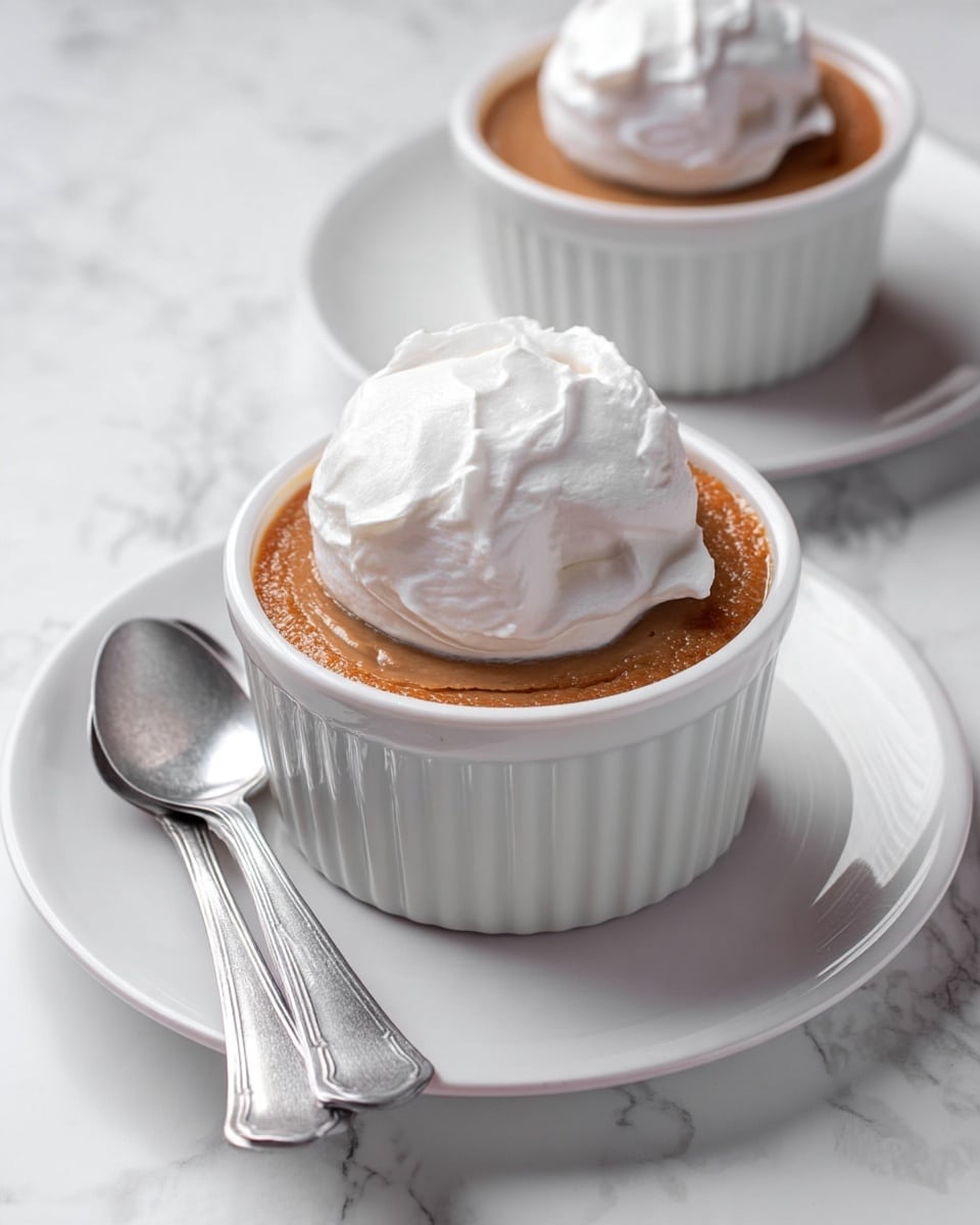 The image shows a white ramekin filled with a smooth, light brown pudding as the bottom layer, topped with a large dollop of fluffy white whipped cream as the second layer. The ramekin is placed on a white plate with two silver spoons resting on the plate to the left side of the ramekin. In the background, there is another white ramekin with just the light brown pudding visible. The entire scene is set on a white marbled texture surface. photo taken with an iphone --ar 4:5 --v 7