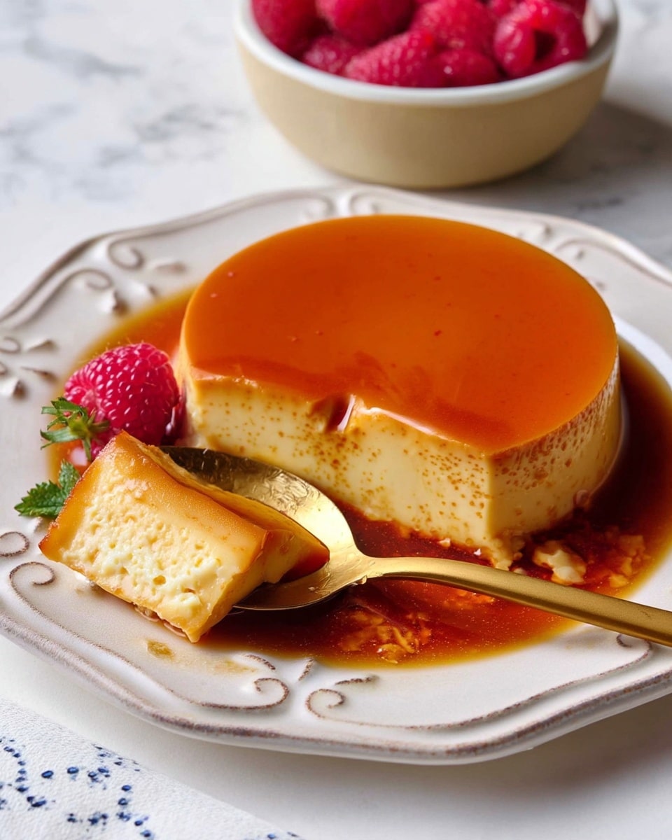 A round flan dessert sits on a white ceramic plate with delicate floral embossing, featuring two clear layers: the top layer is a shiny, smooth golden caramel sauce covering the entire flan, while the bottom layer is a creamy, pale yellow custard texture. A golden spoon rests on the plate with a slice of flan cut and placed beside it, showing the custard's soft, slightly porous inside and the caramel sauce pooling around the base. The plate is on a white marbled texture surface, and a beige bowl with bright red raspberries is partially visible in the top right corner. Photo taken with an iphone --ar 4:5 --v 7
