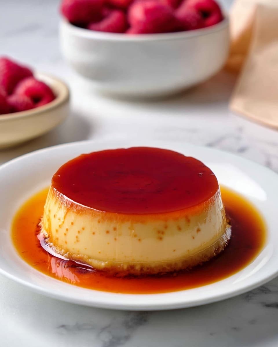 The image shows a smooth, round flan with two visible layers: the top glossy caramel layer is a rich amber color, slightly pooled around the base, and the thicker bottom layer is a pale creamy yellow with a soft, silky texture. It sits in the center of a white plate on a white marbled surface. In the background, there is a blurred bowl of red raspberries and part of a pale peach cloth. Photo taken with an iphone --ar 4:5 --v 7