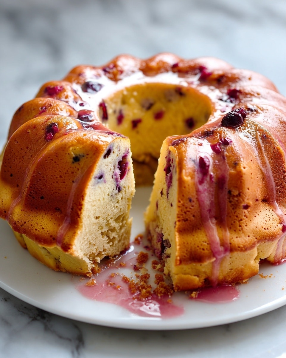 A bundt cake with a golden brown outer crust and a light yellow inside studded with dark red berry pieces, showing one thick slice removed to reveal its soft, moist texture; the cake rests on a white plate placed on a white marbled surface with some crumbs and crumbs of glaze on the plate, the glaze slightly dripping down the cake’s ridged sides. photo taken with an iphone --ar 4:5 --v 7