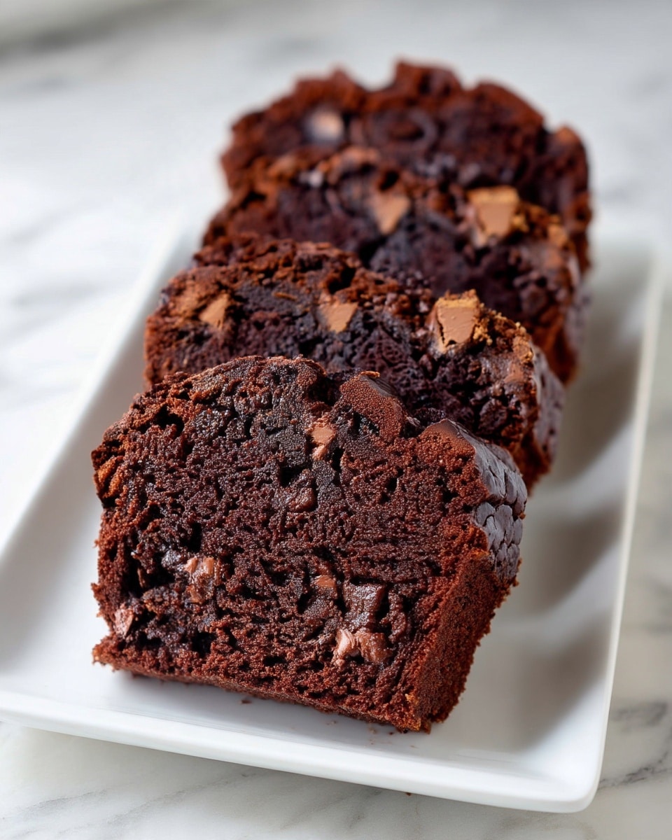 The image shows four thick slices of dark chocolate bread arranged in a slightly overlapping line on a white plate. Each slice has a moist, dense texture with visible chunks of lighter brown chocolate chips scattered inside and a rough, craggy top crust that is shiny and rich with dark chocolate. The bread is deep brown almost black in color, and the plate sits on a white marbled surface. photo taken with an iphone --ar 4:5 --v 7