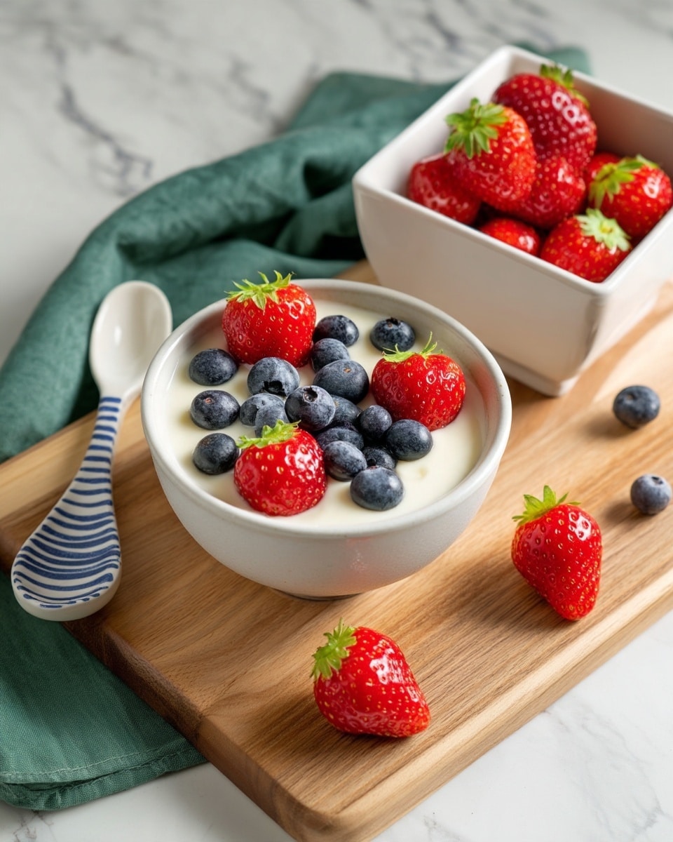 A small white bowl filled with three layers is placed on a wooden board over a white marbled texture. The bottom layer is creamy and white, topped with several plump blueberries and bright red strawberries with green tops, arranged around the edges and center. To the left of the bowl, a small white square dish holds more blueberries and strawberries. A blue and white striped spoon lies on the board to the right of the bowl, and a teal cloth is casually draped behind it. A few strawberries are scattered on the white marbled surface near the bottom of the wooden board. Photo taken with an iphone --ar 4:5 --v 7