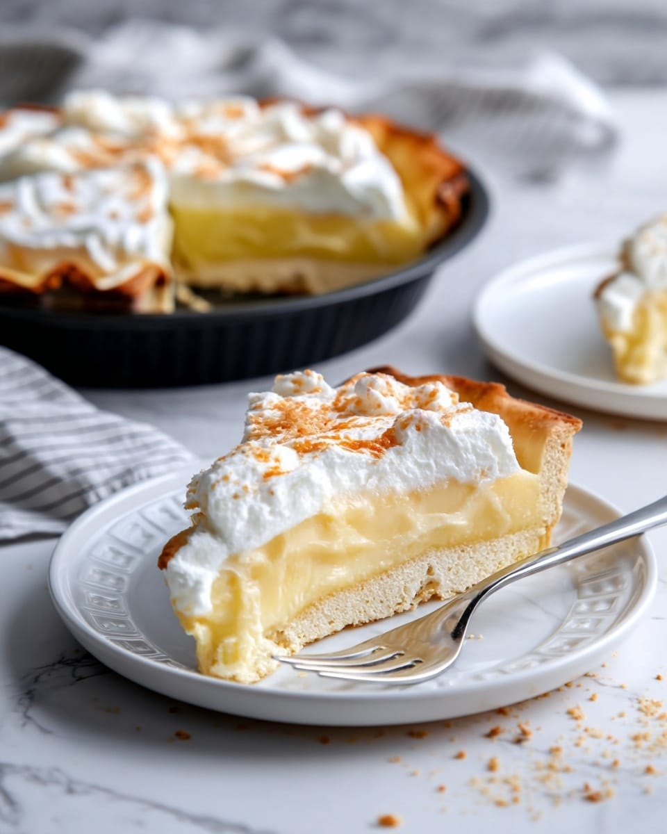 A slice of lemon meringue pie is shown on a white plate with a fork beside it; the pie has three layers: a golden brown crust at the bottom, a smooth and glossy pale yellow lemon filling in the middle, and a thick, fluffy white meringue topping with light brown toasted spots on top; in the background, the rest of the pie sits in a dark pie dish with one slice missing, and another slice is on a second white plate; the setting features a white marbled surface with a soft, striped cloth nearby. photo taken with an iphone --ar 4:5 --v 7