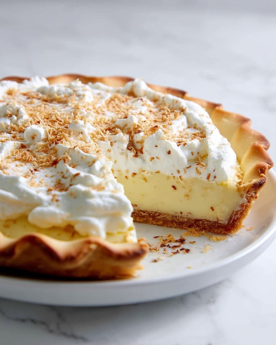 A pie with three clear layers is shown on a white marbled surface. The bottom layer is a golden-brown baked crust with a slightly crimped edge. Above it, there is a smooth pale yellow filling, thick and even. The top layer is a generous spread of white whipped cream with soft, fluffy texture, sprinkled with light brown toasted crumbs evenly across the surface. The pie rests in a black pie dish. photo taken with an iphone --ar 4:5 --v 7
