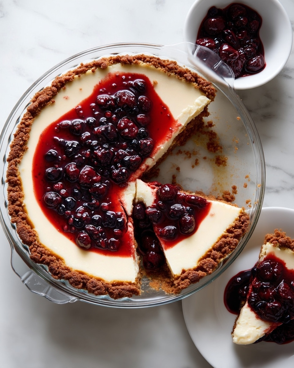 The image shows a partially eaten pie in a clear glass dish on a white marbled surface. The pie has three layers: a crumbly brown crust on the bottom and around the edges, a smooth creamy white filling in the middle, and a thick, shiny red berry topping with whole berries spread unevenly on the top right side. A slice of the pie is plated on a white plate in the bottom left corner, showing the same layers clearly. To the right of the dish is a small white bowl filled with extra red berry topping. Photo taken with an iphone --ar 4:5 --v 7
