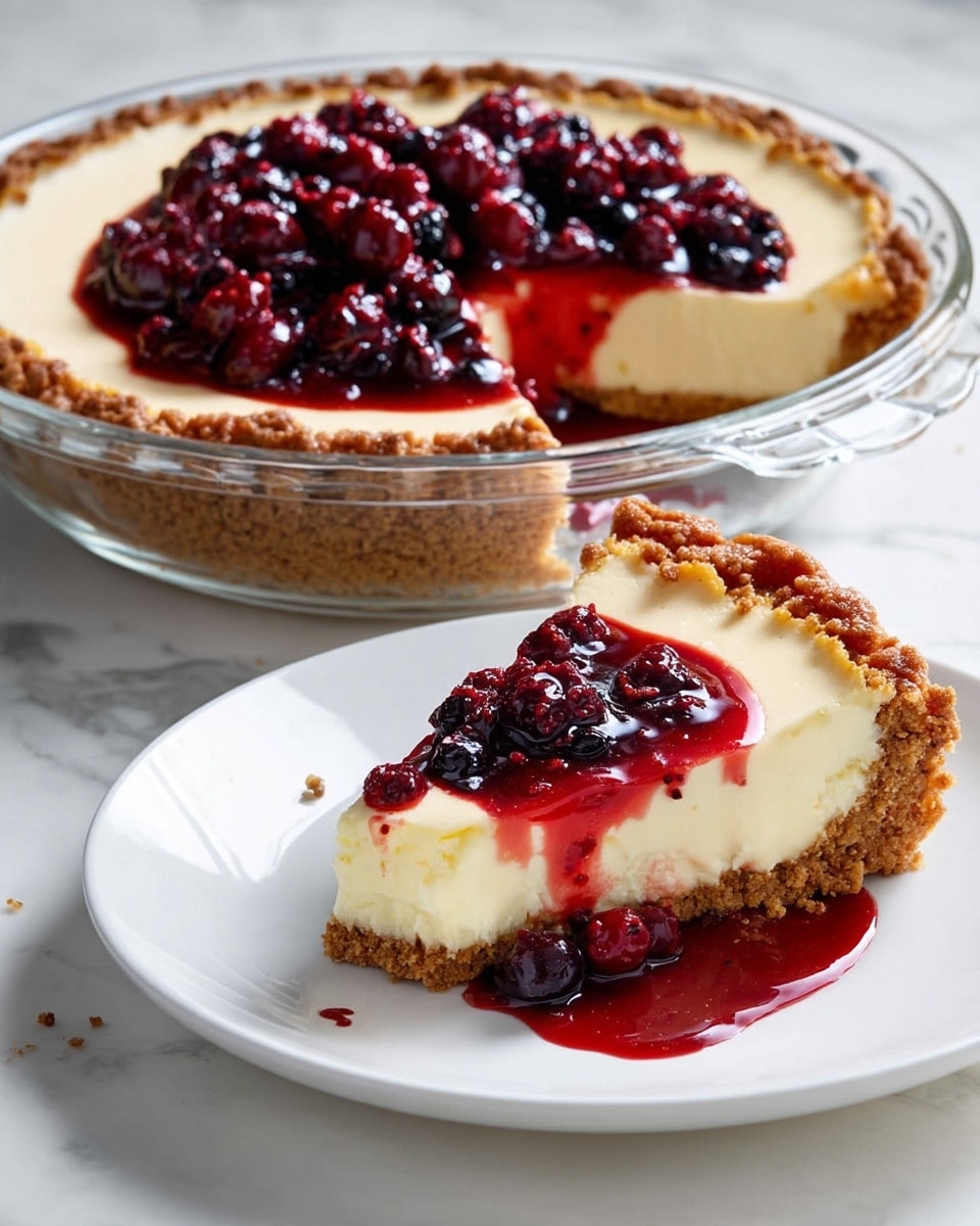 A round pie with three visible layers is shown: a thick, crumbly brown crust on the bottom and sides, a smooth creamy white filling in the middle, and a topping of chunky mixed berry sauce with bright red and dark purple berries arranged in an oval shape near the pie's edge. One slice of the pie is placed on a white textured plate to the upper right, showing the same three layers, with the berry sauce slightly melting onto the plate. The pie and plate sit on a white marbled surface. photo taken with an iphone --ar 4:5 --v 7