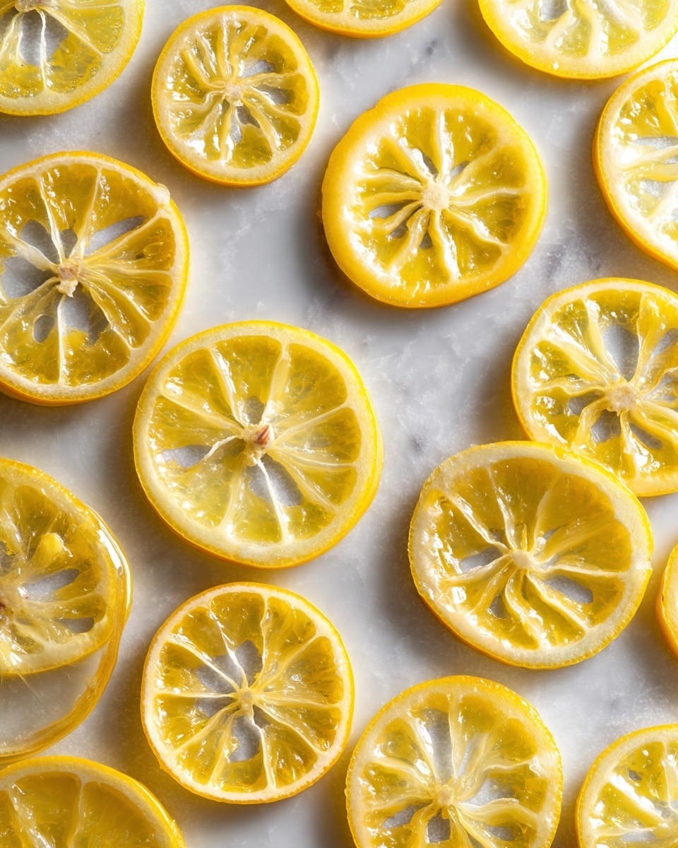 The image shows several thin, round slices of glossy yellow lemon placed evenly on a white marbled texture. Each lemon slice has a bright yellow rind and a translucent center with visible segments and seeds, showing a shiny, slightly wet texture. The slices are arranged flat and spaced apart, with no overlapping, displaying a fresh and vibrant look. Photo taken with an iphone --ar 4:5 --v 7