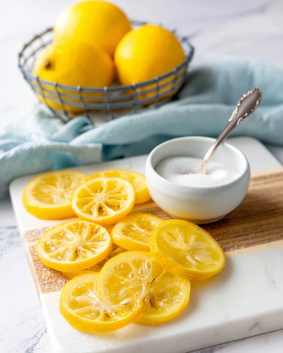 Thin yellow lemon slices are spread in two overlapping layers on a wooden cutting board placed on a white marbled surface. Next to the slices, near the front edge of the board, is a small white bowl filled with white granulated sugar, with a decorative silver spoon resting inside. Behind the board, three whole lemons sit in a metal wire basket, and a pale blue cloth is casually folded on the white marbled surface. photo taken with an iphone --ar 4:5 --v 7