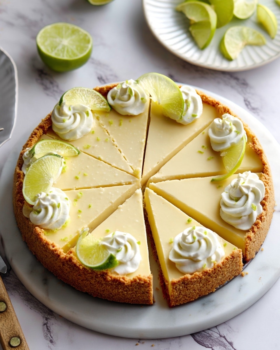 A round key lime pie with a crumbly, golden brown crust forms the base layer, filled with a smooth, pale yellow creamy lime filling evenly spread inside. The pie is sliced into eight pieces with clear cut marks. Along the edge of the pie, there are dollops of white whipped cream, each topped with a small slice of fresh lime that adds a green contrast. Small bits of lime zest are sprinkled sparingly over the pie's surface. The pie sits on a white marbled surface with a wooden spreading tool nearby and a white plate with lime slices and a piping tip visible at the edges. photo taken with an iphone --ar 4:5 --v 7