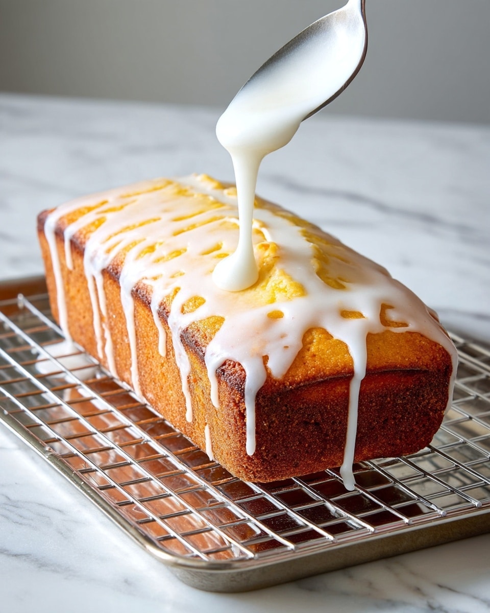 A golden brown rectangular loaf cake with a slightly rough texture on the sides sits on a metal cooling rack above a tray. A smooth, white glaze is being poured thickly from a spoon onto the top center of the cake, slowly spreading and dripping over the edges, creating a shiny, wet look on the surface. The background is a white marbled texture. photo taken with an iphone --ar 4:5 --v 7