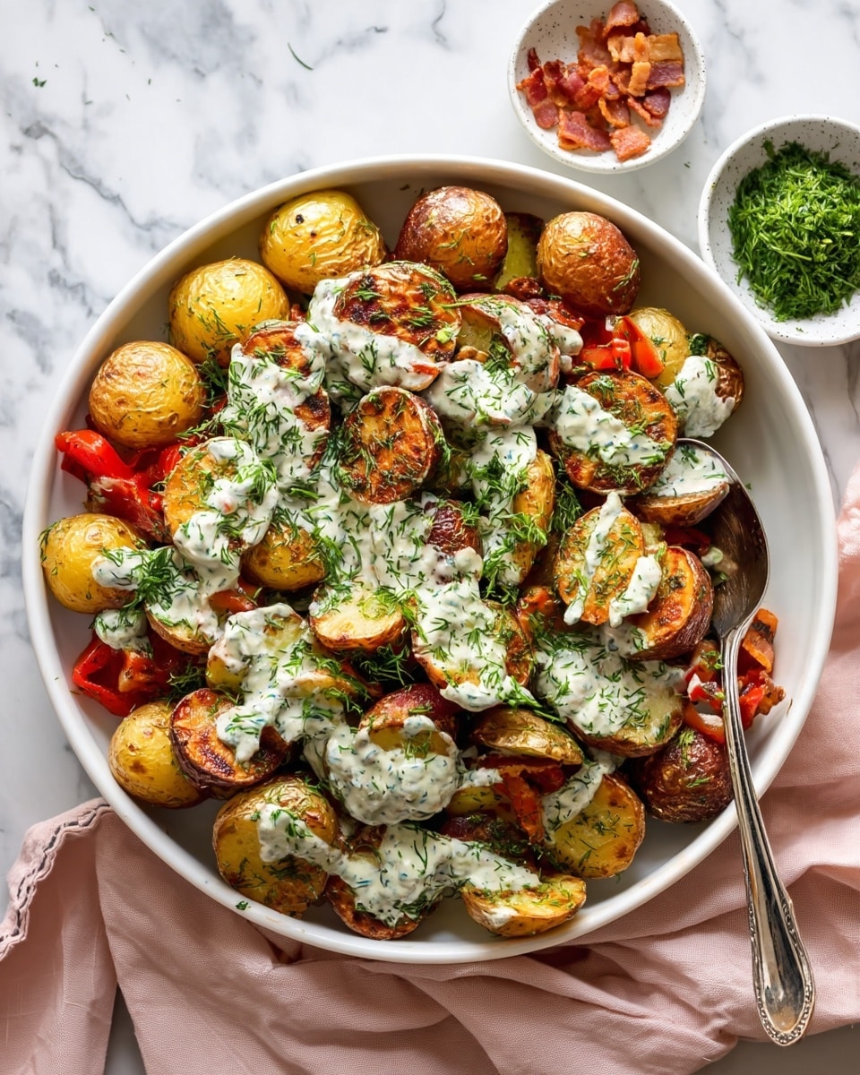 A large white round bowl filled with a colorful mix of small roasted potatoes, cut in halves and quarters with golden brown, crispy skins showing some charring. The potatoes are layered with pieces of cooked red peppers adding bright red color. A creamy white sauce with a green herb speckled texture is drizzled unevenly all over the potatoes. Fresh chopped dill and chives are sprinkled generously on top, adding a vibrant green contrast. A silver spoon rests inside the bowl on the right side beneath the sauce. The bowl is placed on a white marbled surface, with two smaller white bowls partially visible at the top right, one holding chopped green herbs and the other containing small pieces of cooked bacon. A soft pink cloth is draped at the bottom edge of the scene. Photo taken with an iphone --ar 4:5 --v 7