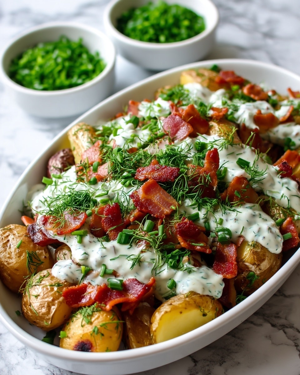 This dish is served in a white oval dish filled with halved roasted potatoes that have a golden brown and slightly crispy texture. On top of the potatoes, there are scattered pieces of reddish-brown cooked bacon and small bright green chopped chives. A creamy white sauce with visible herbal specks is drizzled generously over the potatoes, bacon, and chives. Fresh green dill is sprinkled abundantly across the dish, adding a vibrant touch. In the background, small white bowls filled with green herbs sit on a white marbled surface. photo taken with an iphone --ar 4:5 --v 7