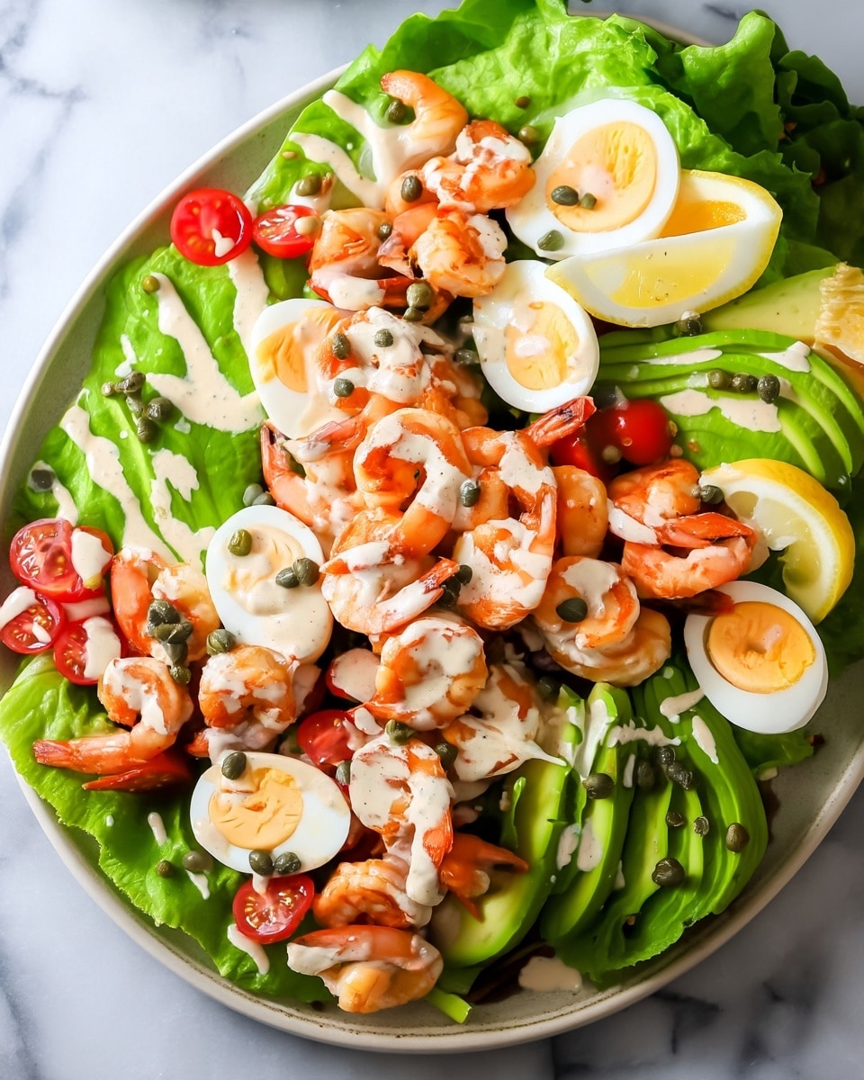 The dish is shown in layers on fresh green lettuce leaves placed on a white plate. The bottom layer is large green lettuce leaves, topped with bright red cherry tomatoes scattered around. Thick slices of avocado are artfully layered on one side, light green with creamy texture, drizzled with a light, creamy white sauce and garnished with small green capers. Boiled eggs are cut into halves and placed around the plate, their white outer layer contrasting with the bright yellow yolk inside. The top layer consists of cooked shrimp, their orange-pink shells curled and glistening, also drizzled with the same creamy sauce and sprinkled evenly with capers. A lemon wedge adds a touch of bright yellow color on the side, completing the fresh and vibrant look of the dish. The photo is taken on a white marbled surface. photo taken with an iphone --ar 4:5 --v 7