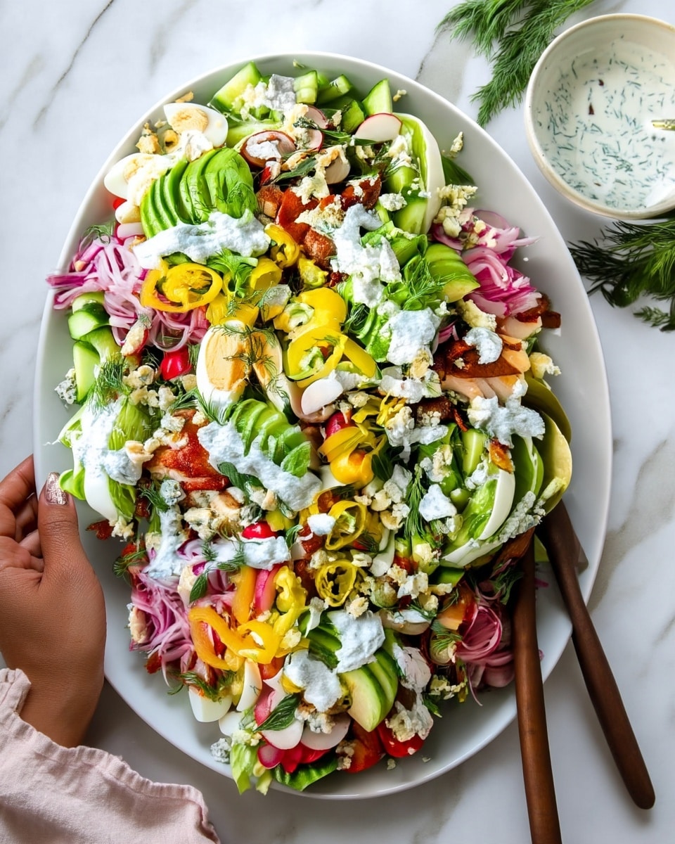 A large oval white plate sits on a white marbled texture surface, filled with a colorful layered salad. The base layer is crisp green lettuce leaves topped with sliced avocado, halved boiled eggs with bright yellow yolks, and diced cucumbers that add fresh green points. Thin slices of radish and pickled pink onions create vibrant pops of color spread over the salad. There are also yellow pepper rings and chunks of reddish-brown chorizo sausage scattered on top. Crumbles of blue cheese and sprigs of fresh dill are generously sprinkled all over, while creamy white dill dressing is drizzled in streaks across the layers. A small white bowl with more dressing sits nearby, and in the corner, a woman's hand holds a white utensil over the edge of the plate. photo taken with an iphone --ar 4:5 --v 7