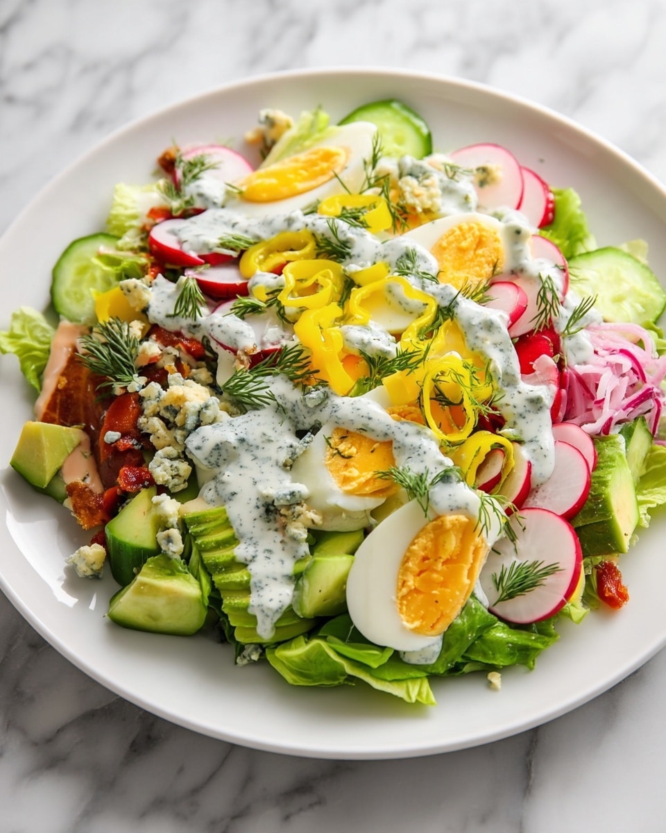 A large white plate holds a layered salad with a colorful mix of fresh vegetables and toppings. The base layer features green lettuce leaves with slices of cucumber and radishes scattered around, combined with chunks of soft avocado. On top, there are pieces of hard-boiled egg with bright yellow yolks and thin rings of yellow peppers adding color contrast. The surface is covered with crumbled blue cheese bits and small sprigs of fresh dill. A creamy white dressing with green herbs is drizzled generously over the entire dish. The plate sits on a white marbled surface. photo taken with an iphone --ar 4:5 --v 7