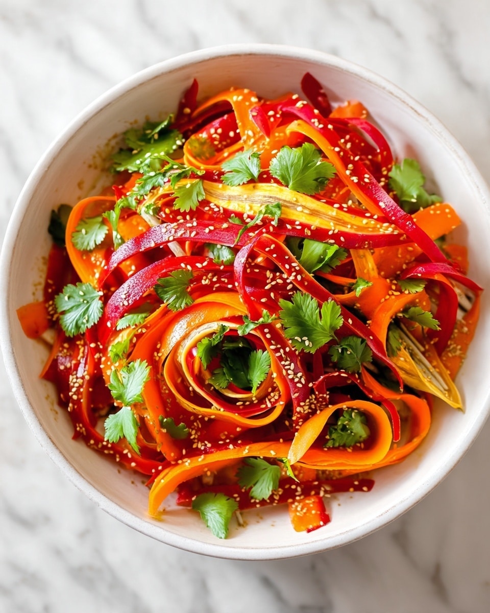 The dish shows a vibrant salad with three main layers of thin strips: bright red bell peppers on top, bright orange carrots in the middle, and pale yellow strips at the bottom. These layers create a mix of curly and flat textures. Scattered throughout are fresh green cilantro leaves adding freshness, and many small off-white sesame seeds sprinkled to give a light crunch. The salad is presented in a white bowl, resting on a white marbled surface. photo taken with an iphone --ar 4:5 --v 7