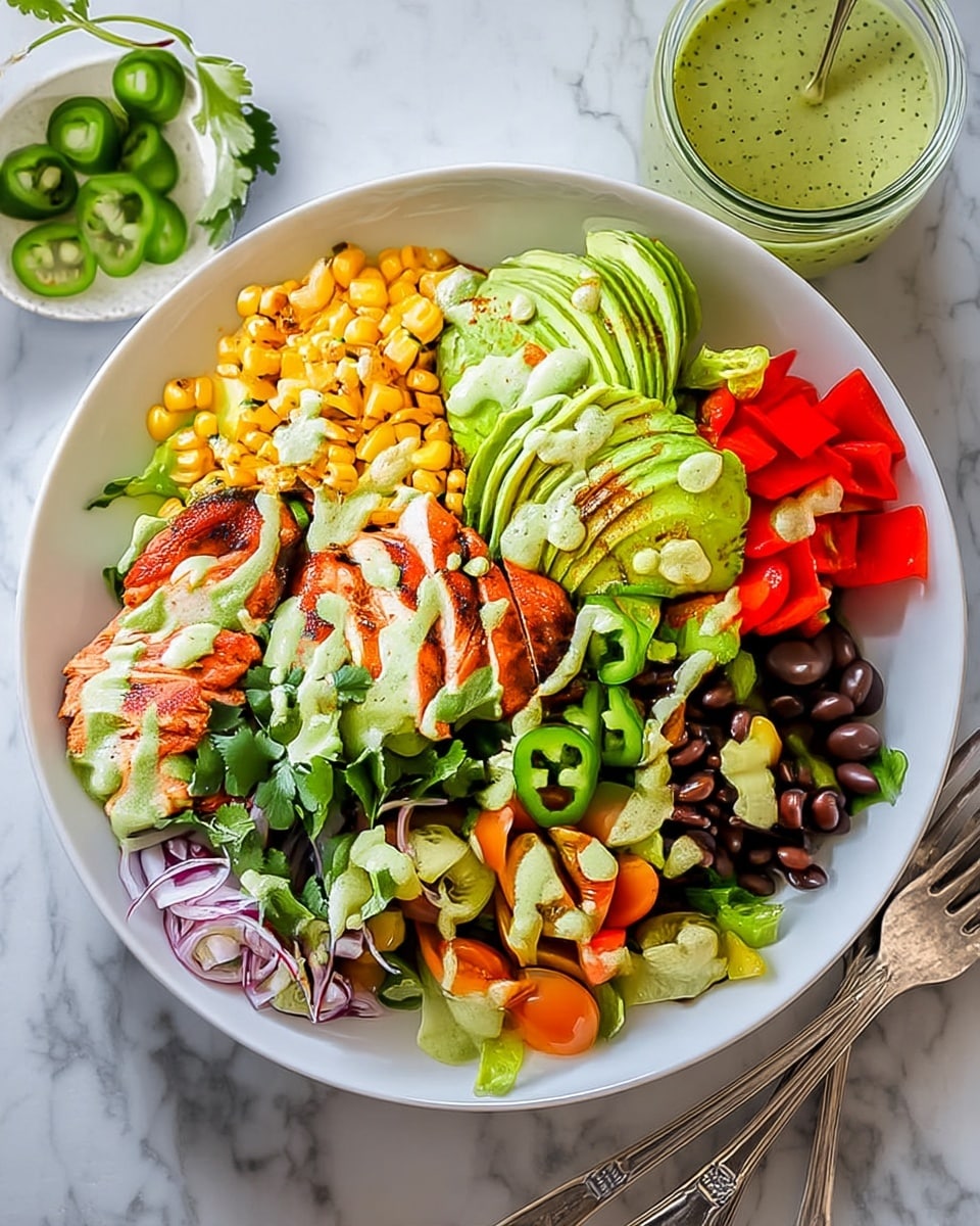 A white plate holds a colorful layered salad starting with a base of green leafy lettuce. On the top left, there is a bright yellow layer of grilled corn kernels with slight char marks. Next to the corn, a fanned layer of sliced avocado shows a smooth light green texture sprinkled with red seasoning. In the center, grilled chicken breast slices with a golden brown char and white inside sit on the salad bed. On the right side, there are small diced red bell peppers and dark black beans. Below the beans are a few slices of fresh green jalapeno. At the bottom right, there are cut halves of orange and yellow cherry tomatoes. Thin slices of purple onion and fresh green cilantro leaves are visible around the chicken on the bottom left side. The plate is set on a white marbled surface. photo taken with an iphone --ar 4:5 --v 7