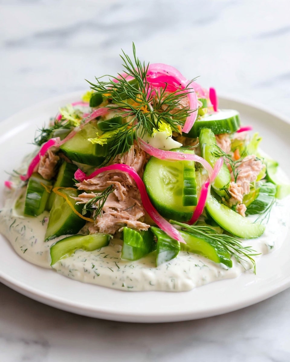 A white plate with a base layer of creamy white sauce with visible small green herb pieces spread thinly, topped with a fresh salad piled in the center. The salad has many layers: bright green cucumber slices with smooth and slightly shiny texture, thin bright pink pickled onion strips, light green celery cut pieces, shredded light brown tuna flakes, and sprigs of fresh dill with thin green leaves. There are also thin carrot shreds and a few small green herb leaves scattered. The salad looks fresh and crisp, with a mix of soft and crunchy textures. The setting is on a white marbled surface. photo taken with an iphone --ar 4:5 --v 7