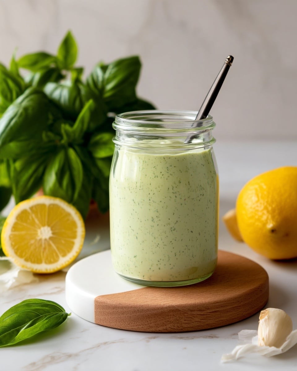 A clear glass jar filled with light green sauce that has small dark green specks, giving it a smooth but slightly textured look, sits on top of two round layers of white and light beige coasters which are placed on a round wooden board; a thin dark spoon stands inside the jar. To the left in the foreground there is a bunch of fresh, bright green basil leaves, a sliced yellow lemon showing its juicy inside, and partially peeled garlic with white papery skin. The whole scene is set on a white marbled surface with soft natural light. photo taken with an iphone --ar 4:5 --v 7