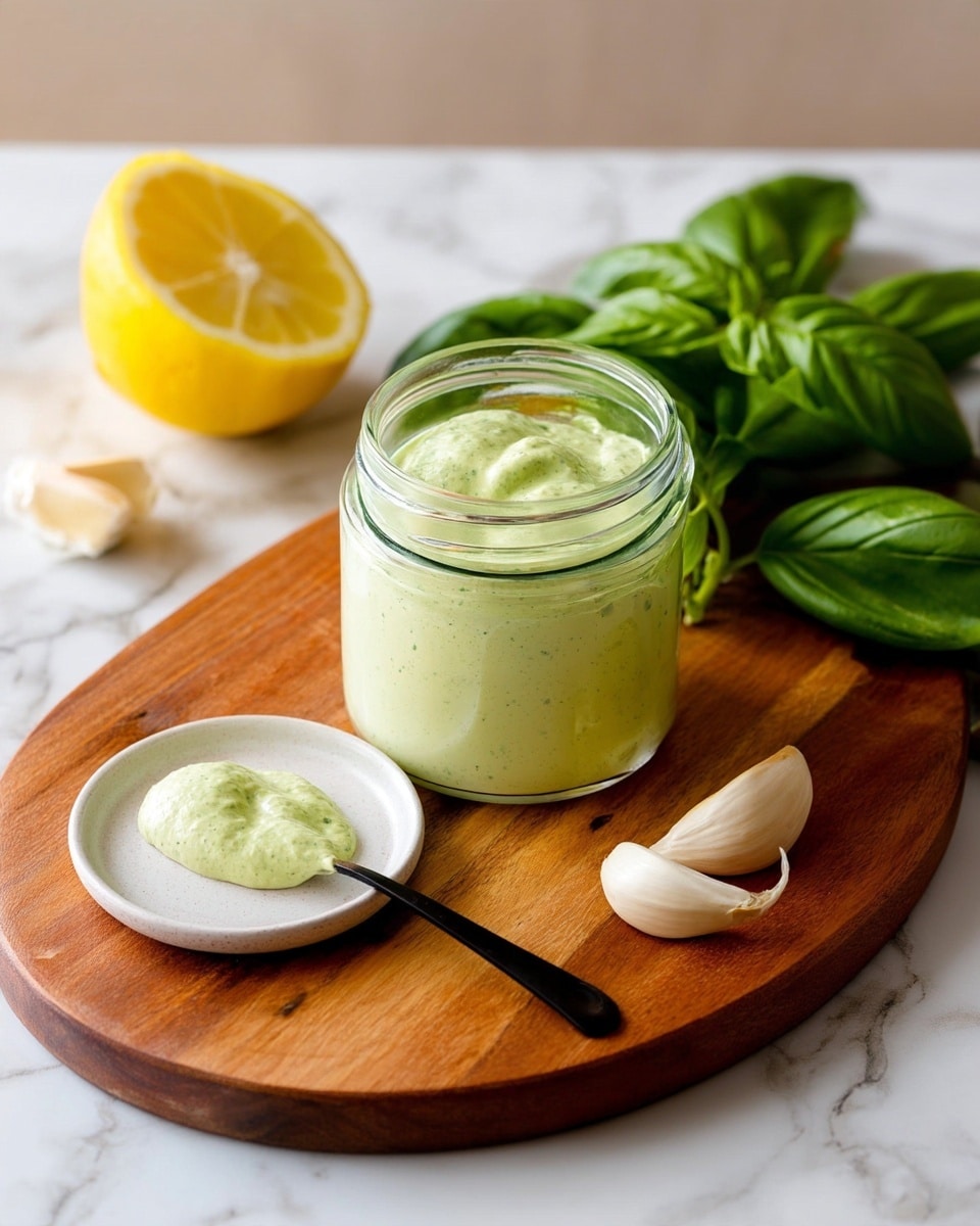 A clear glass jar filled with a creamy light green sauce that has small green specks, sitting on a round wooden board placed on a white marbled surface. To the right of the jar, fresh bright green basil leaves rest partly on the board. Above the jar, there are white garlic skins scattered around a halved lemon showing a bright yellow inside. Below, a white plate holds some of the same light green sauce, with creamy texture and green specks, and a black spoon resting in it. Photo taken with an iphone --ar 4:5 --v 7