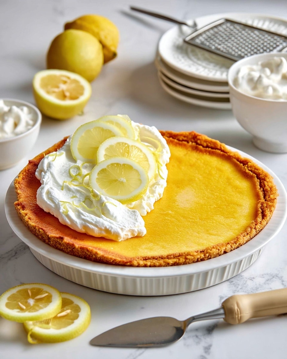 A close-up of a lemon tart showing three layers: a golden-brown crust at the bottom with a slightly uneven texture, a smooth and bright yellow lemon filling with a creamy surface in the middle, and a thick layer of white whipped cream on top that looks fluffy and soft. On the whipped cream, there are three thin, round lemon slices arranged in a small row, and fine lemon zest scattered lightly above. The tart is on a white surface with a white marbled texture, with a blurred cup of whipped cream and two lemon halves in the background. photo taken with an iphone --ar 4:5 --v 7