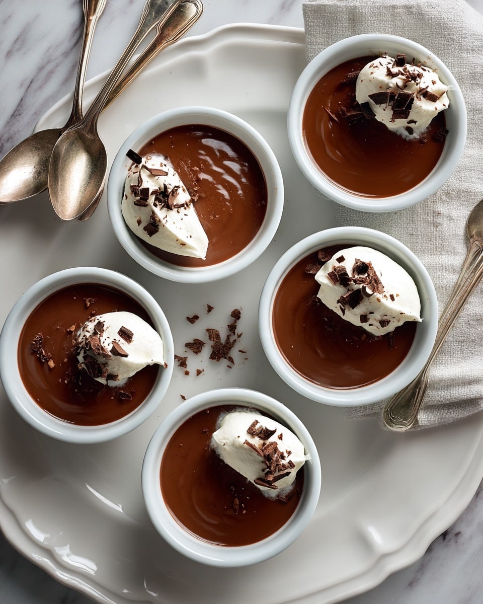 Several small white bowls filled with smooth, dark brown chocolate pudding are arranged on a white marbled surface. Each bowl has a single dollop of whipped cream on top, which is white and fluffy, placed on one side of the pudding. Dark chocolate shavings are sprinkled over the whipped cream, adding a textured, curled detail. The bowls are grouped partly on a white platter with a curved edge, where two slightly tarnished silver spoons rest beside them. The surface below has a subtle marble pattern in light gray tones. photo taken with an iphone --ar 4:5 --v 7