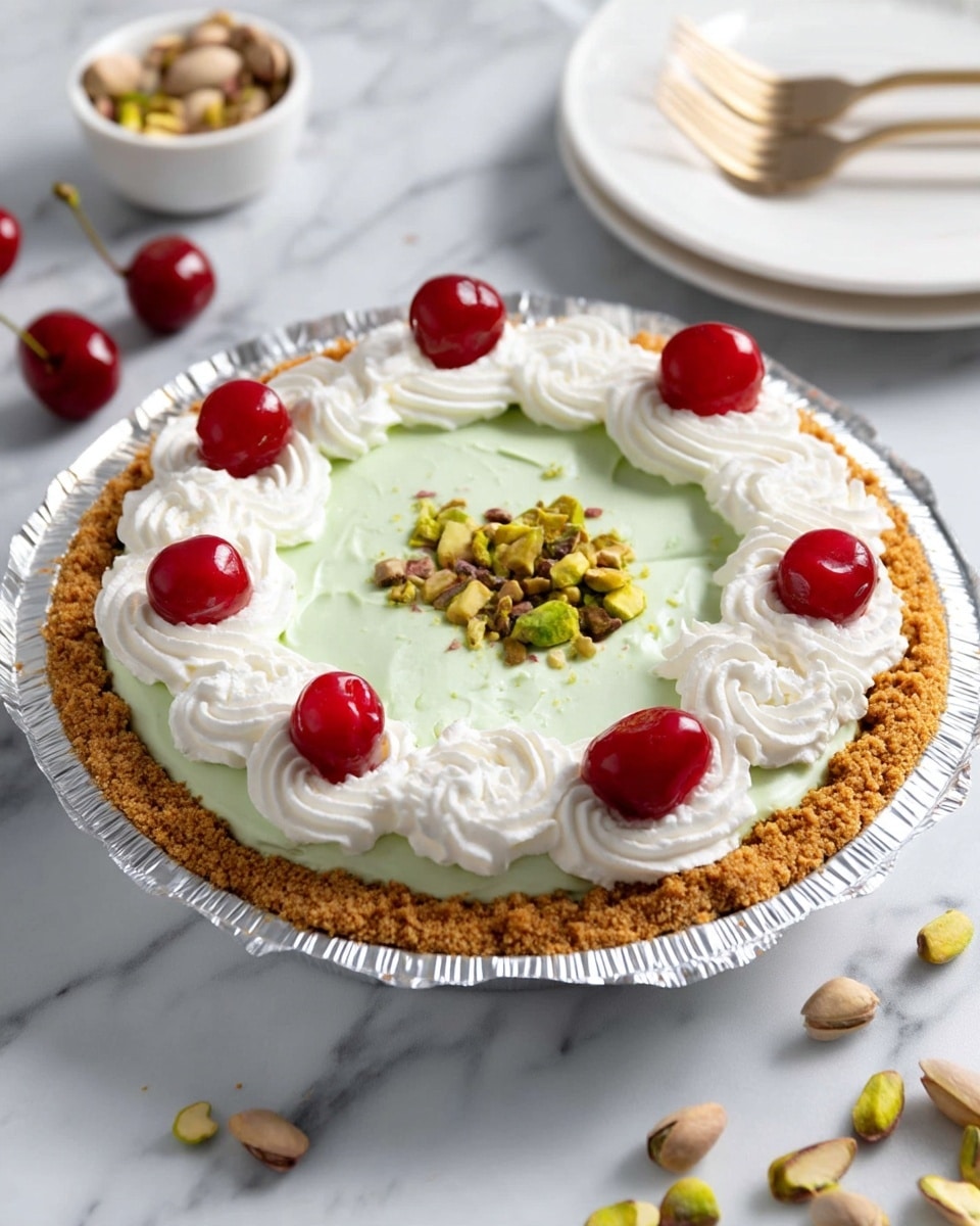 A slice of light green creamy pie sits on a white plate with a white marbled texture surface. The pie has a golden crust at the base, topped with a thick creamy green layer that looks smooth and soft. On top of the green layer, there are swirls of white whipped cream in two circular shapes near the top edge, and a bright red cherry sits in the center of the whipped cream. A few chopped pistachio nuts, brown and green in color, are sprinkled near one tip of the pie slice. The photo taken with an iphone --ar 4:5 --v 7