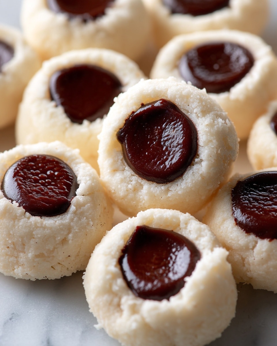 A close-up view of small round treats with two layers: the outer layer is a soft, white, crumbly ball with a slightly grainy texture, and the inner layer is a smooth, dark brown, glossy chocolate center that almost fills the top middle of each treat, creating a visible contrast. The treats are grouped tightly together and fill the frame, sitting on a white marbled texture. photo taken with an iphone --ar 4:5 --v 7