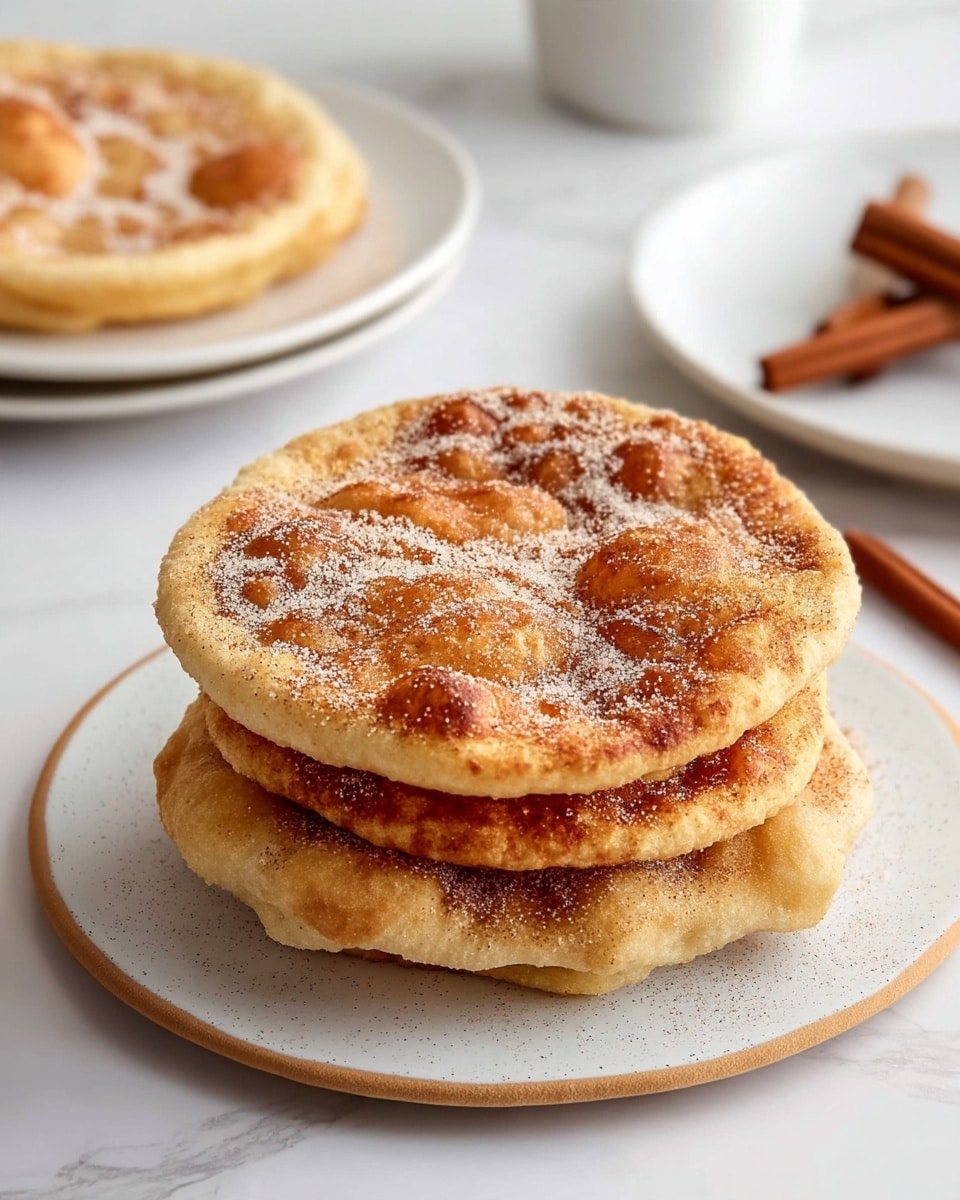 A stack of four round fried flatbreads with a golden-brown crispy texture is placed on a white speckled plate with a light brown rim. Each flatbread shows uneven brown patches and is dusted with a mix of white sugar and cinnamon powder, giving a sandy and grainy top layer. The stack sits on a white marbled surface, with a cinnamon stick and a fringed cloth slightly blurred in the background. The flatbreads have small bubbles and slightly rough edges, hinting at a light and airy interior. Photo taken with an iphone --ar 4:5 --v 7