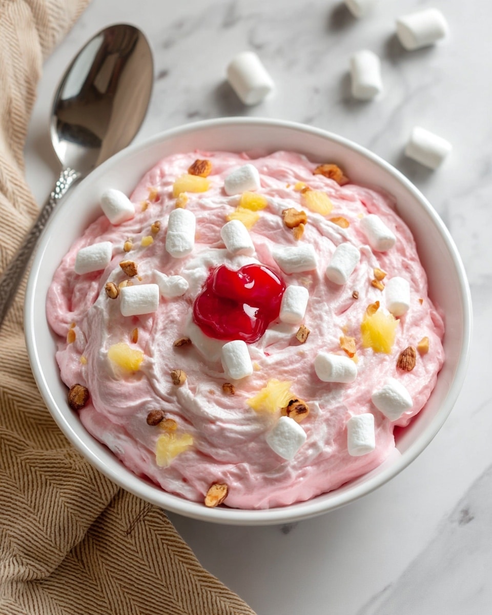 A white bowl filled with a fluffy pink mixture that looks creamy, slightly swirled on top, and sprinkled evenly with small white marshmallows, light yellow pineapple bits, and small pieces of brown nuts. In the center, there is a dollop of shiny red cherry topping. The bowl rests on a white marbled surface with a silver spoon placed to the upper right side and three white marshmallows scattered nearby. A beige cloth with a subtle chevron pattern is at the bottom left corner. Photo taken with an iphone --ar 4:5 --v 7
