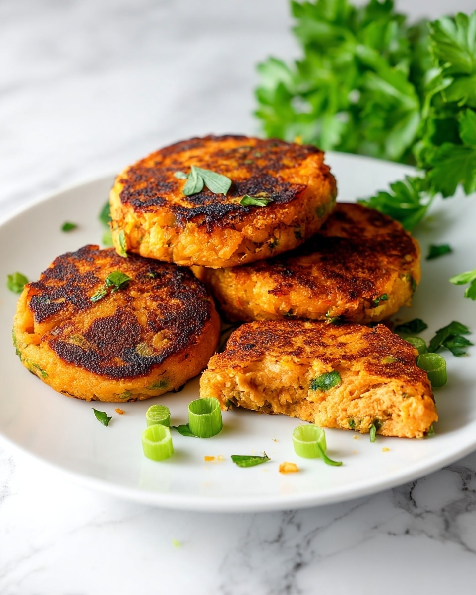 A white plate on a white marbled surface holds four golden-brown patties with a slightly crispy texture; three are whole and stacked close together in the back, showing charred spots, and one is broken in half at the front, revealing an orange, soft, moist inside with green herb bits. Scattered green chopped herbs add a fresh touch around the patties, and a small bunch of fresh green parsley is visible in the background on the right side. photo taken with an iphone --ar 4:5 --v 7