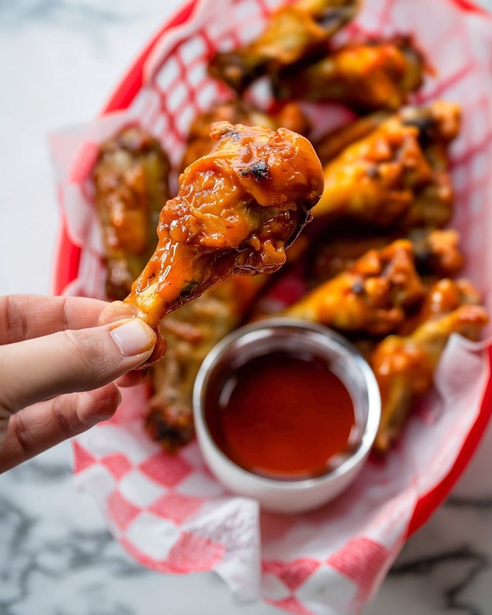 A white basket lined with white and red checkered paper holds seven golden-brown chicken wings covered in a shiny, sticky orange sauce with visible grill marks and crispy textures. A small silver cup filled with bright orange dipping sauce sits in the bottom left corner of the basket, partially overlapping some wings. The basket and its contents rest on a white marbled surface, enhancing the warm tones of the wings and sauce. photo taken with an iphone --ar 4:5 --v 7