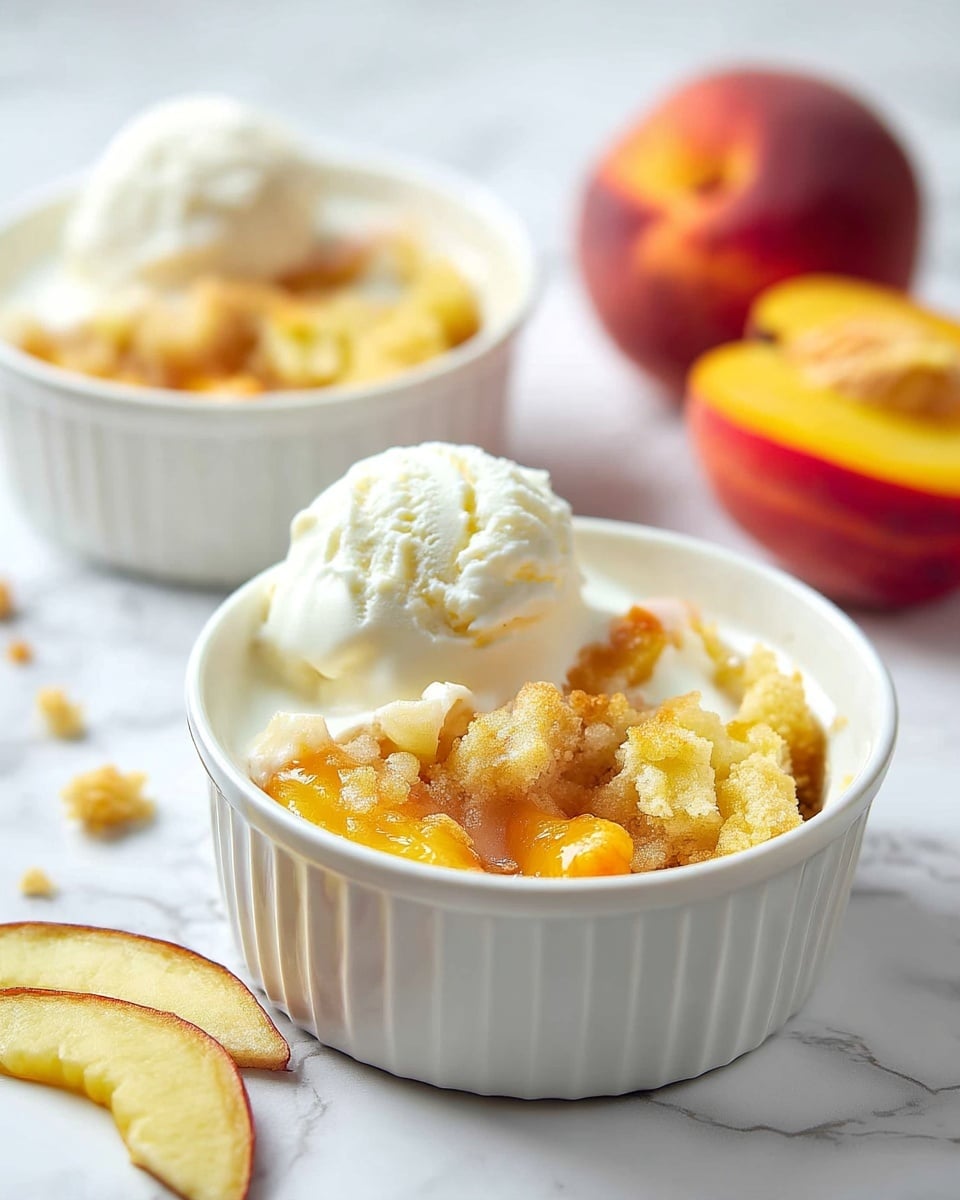 A white ramekin filled with three visible layers: the bottom layer is golden yellow peach slices mixed with syrup, the middle layer is a crumbly light golden brown topping, and the top layer is a melting scoop of creamy white vanilla ice cream. In the background, another white ramekin with the same dessert is slightly out of focus, along with half of a halved peach showing its yellow flesh and seed on a white marbled surface. There are also a few peach slices scattered near the ramekins. photo taken with an iphone --ar 4:5 --v 7