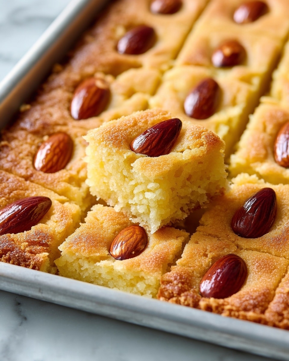 A close-up view of a tray filled with golden brown dessert squares, each topped with a single shiny brown almond placed in the center. The dessert appears soft and crumbly with a slightly grainy texture on top and is cut into even diamond shapes. One square is lifted above the others, showing a thick, moist interior that is pale yellow. The tray is placed on a white marbled surface, and the photo captures the warm, inviting color of the dessert with good light. photo taken with an iphone --ar 4:5 --v 7